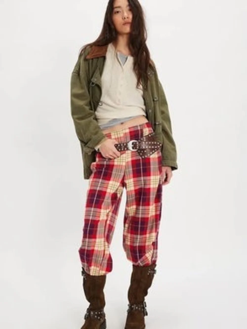 NWT Free People Nice Choice textured Plaid pull-on trousers.